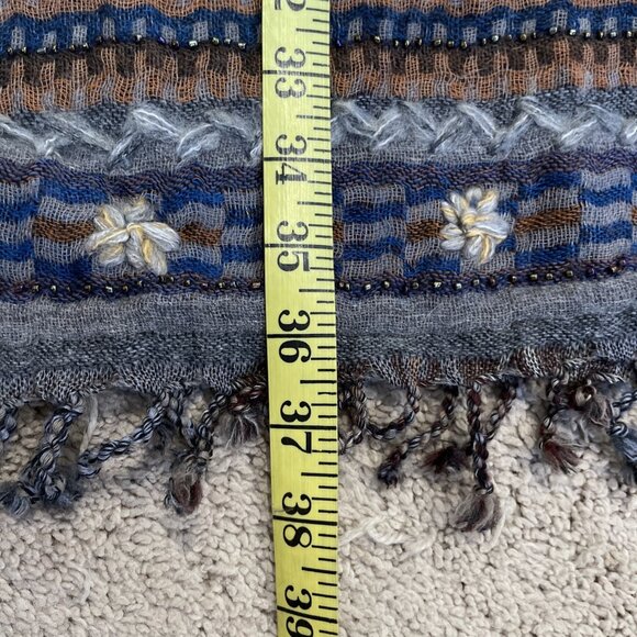 Vintage Wool Blend Scarf Wrap Embroidered Beaded Floral Fringe 26” x 74” Boho - Picture 7 of 10